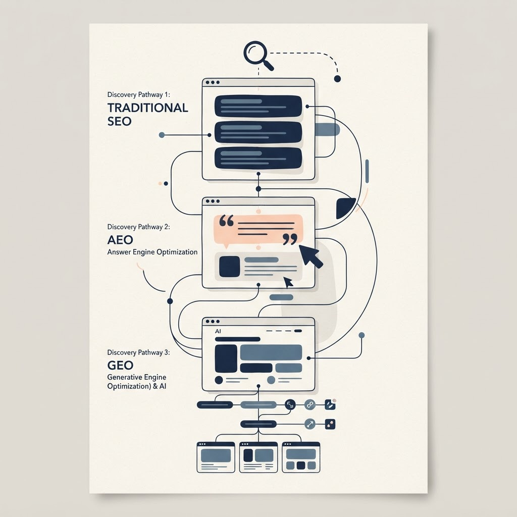 Editorial illustration showing search results, answer boxes, and AI citations